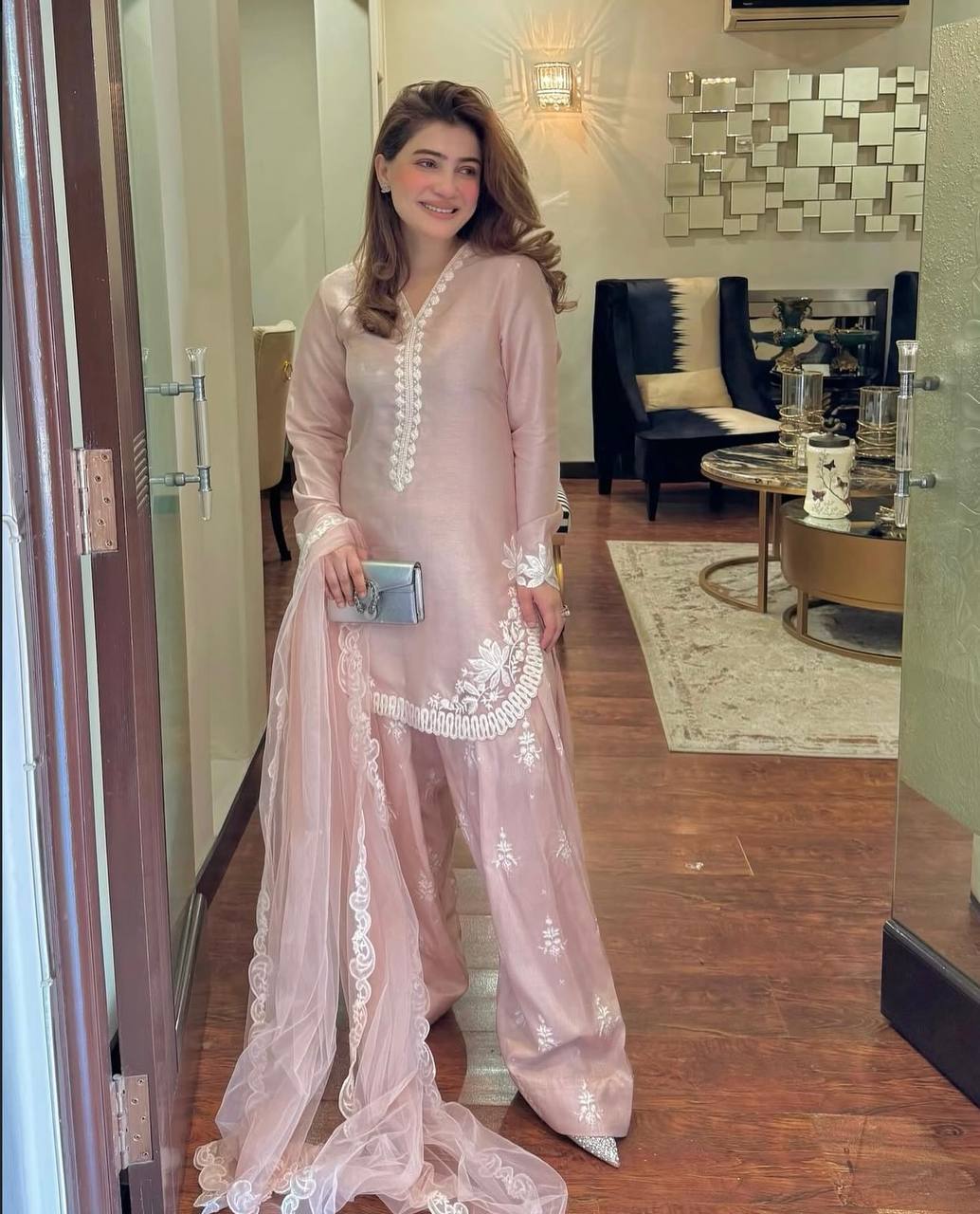 Pink Color Natural Creape Silk Embroidery Kurta With Pant