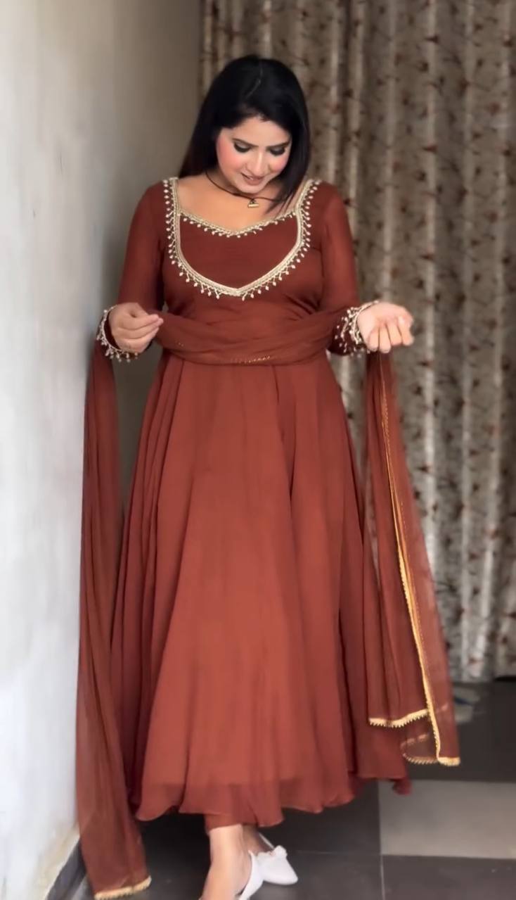 Brown Color New Partywear Georgette Handwork Designer Anarkali Kurta Set